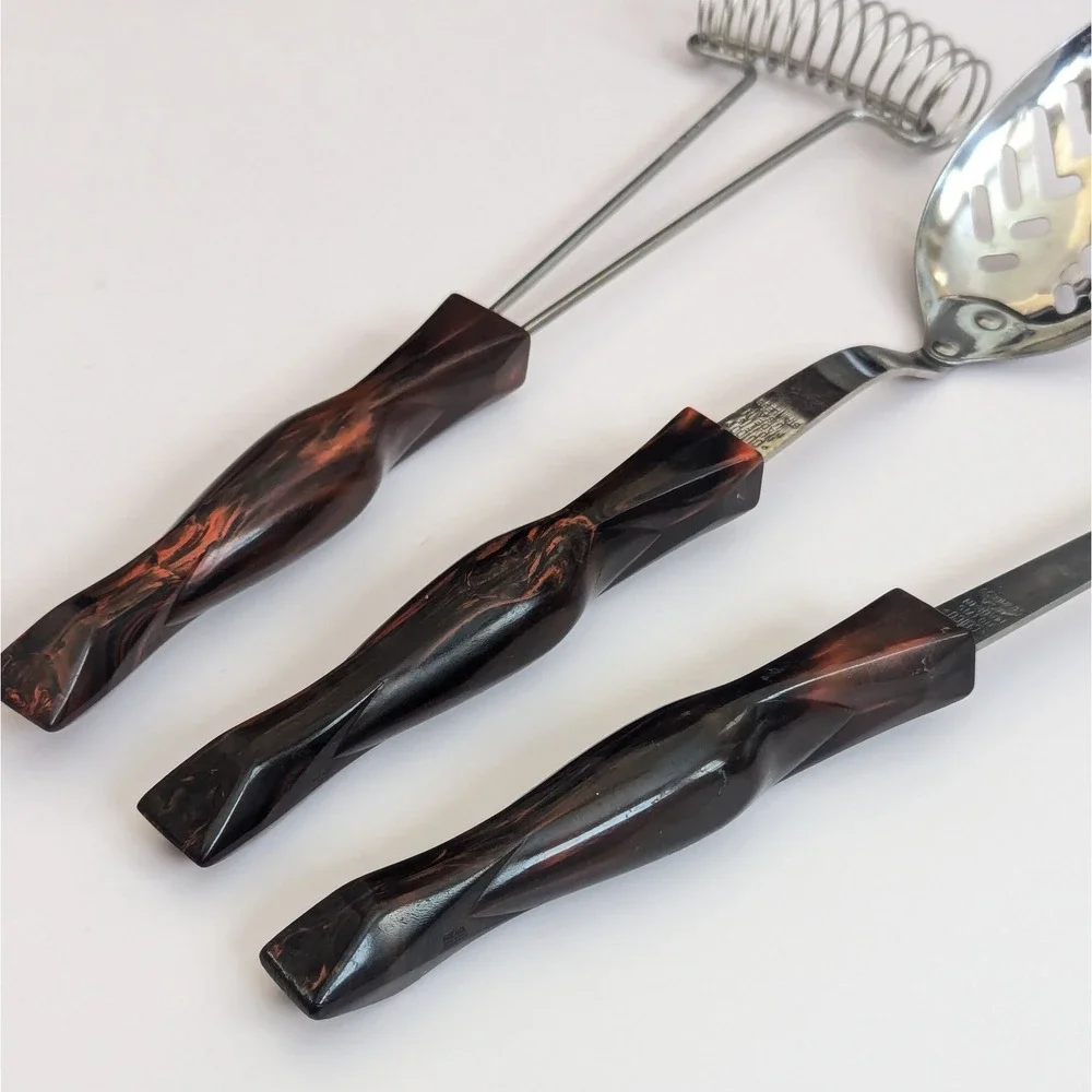 Vtg Cutco Brown Swirl Utensils Lot: Slotted Spoon 1713, Whisk 1714, Ladle 1715
